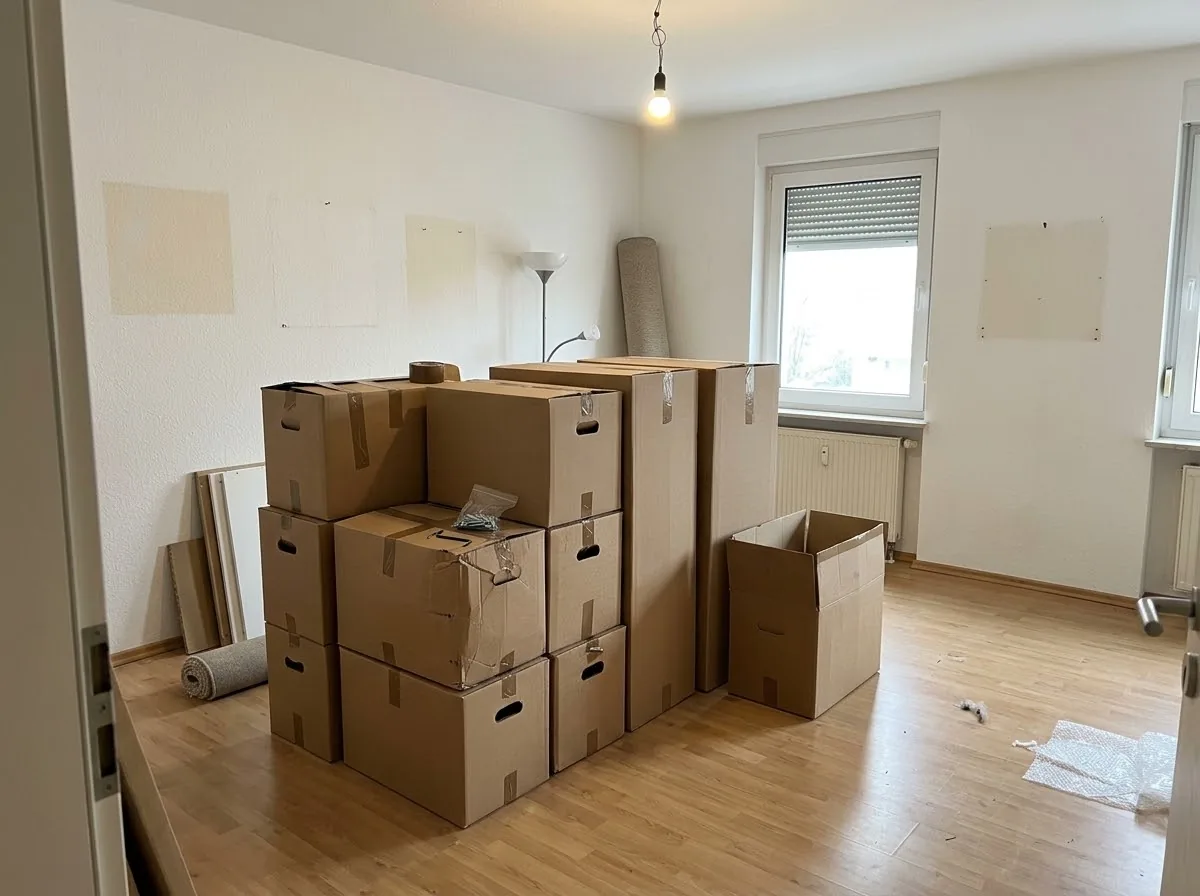 Gestapelte Umzugskartons in einer halb leergeräumten Wohnung am Umzugstag
